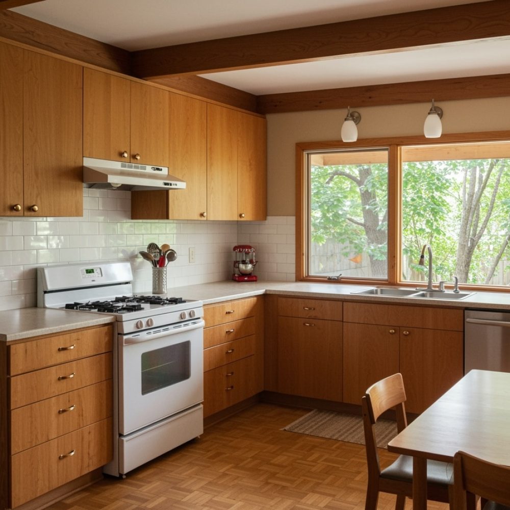 Indoor,Photo,Of,Mid-century,Modern,Kitchen,With,Natural,Wood,,Clean